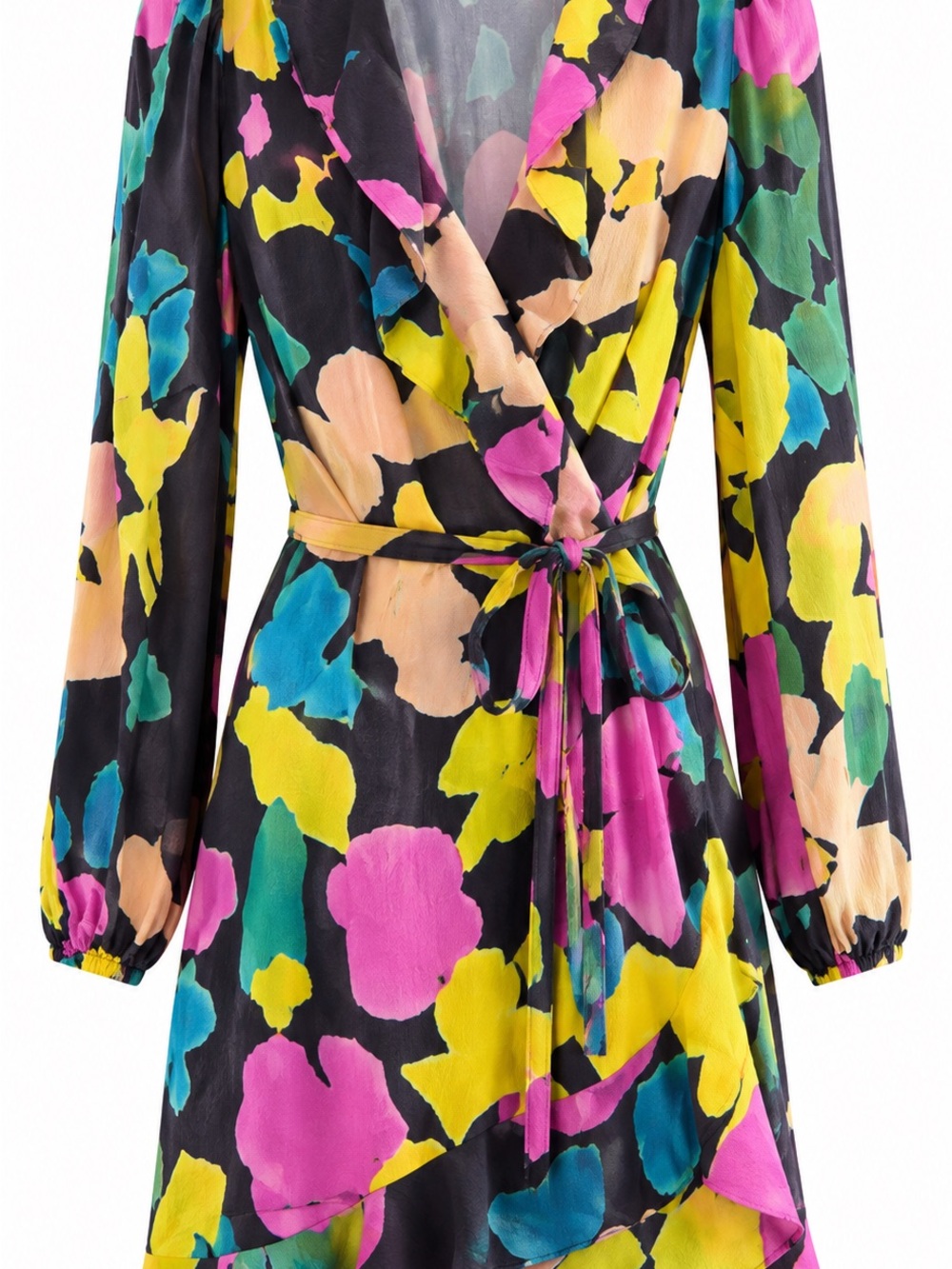 Floral Wrap Midi Dress in Black with Multi-Color Print